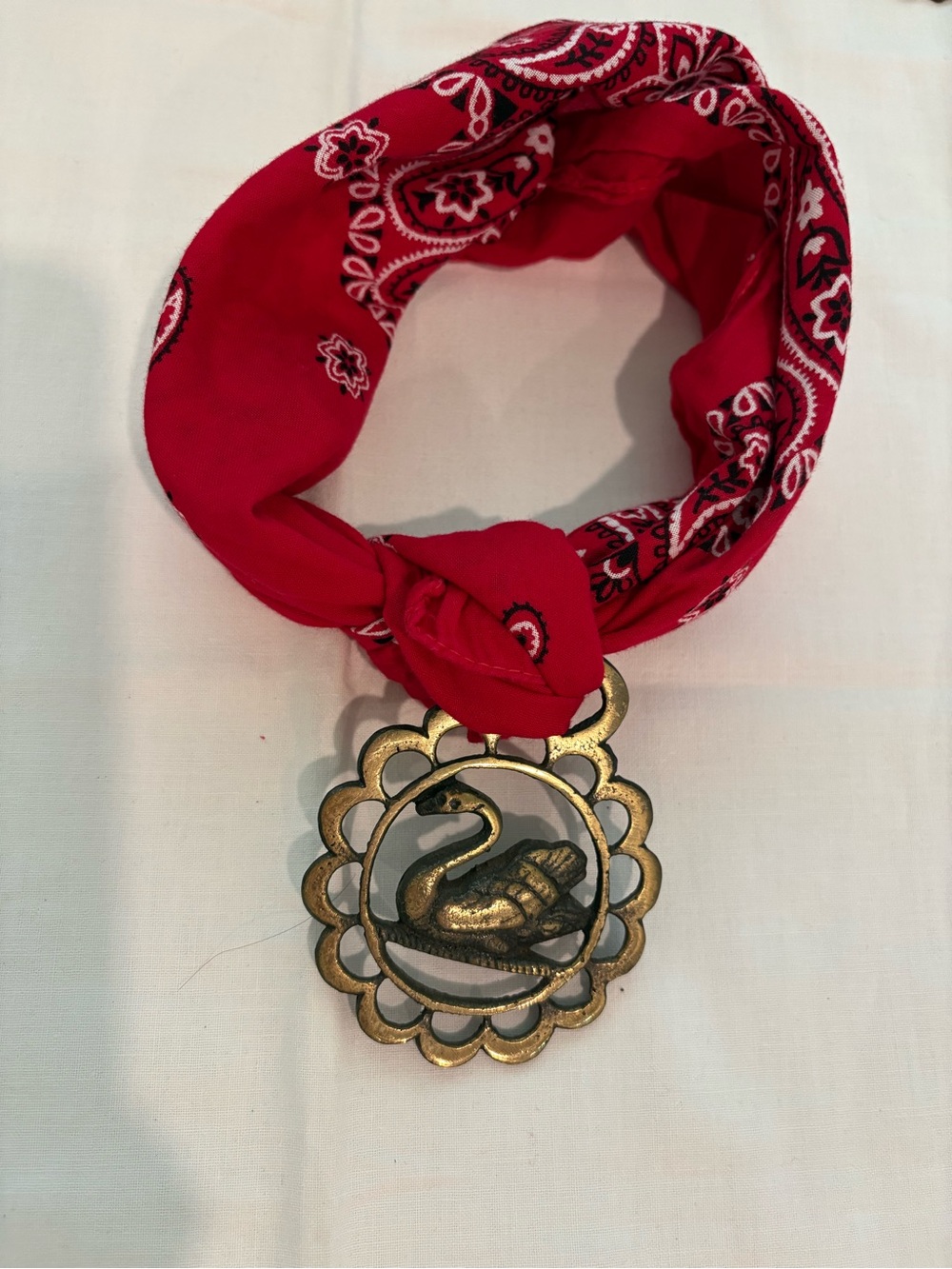 Red Bandana Scarf Necklace with Swan Medallion